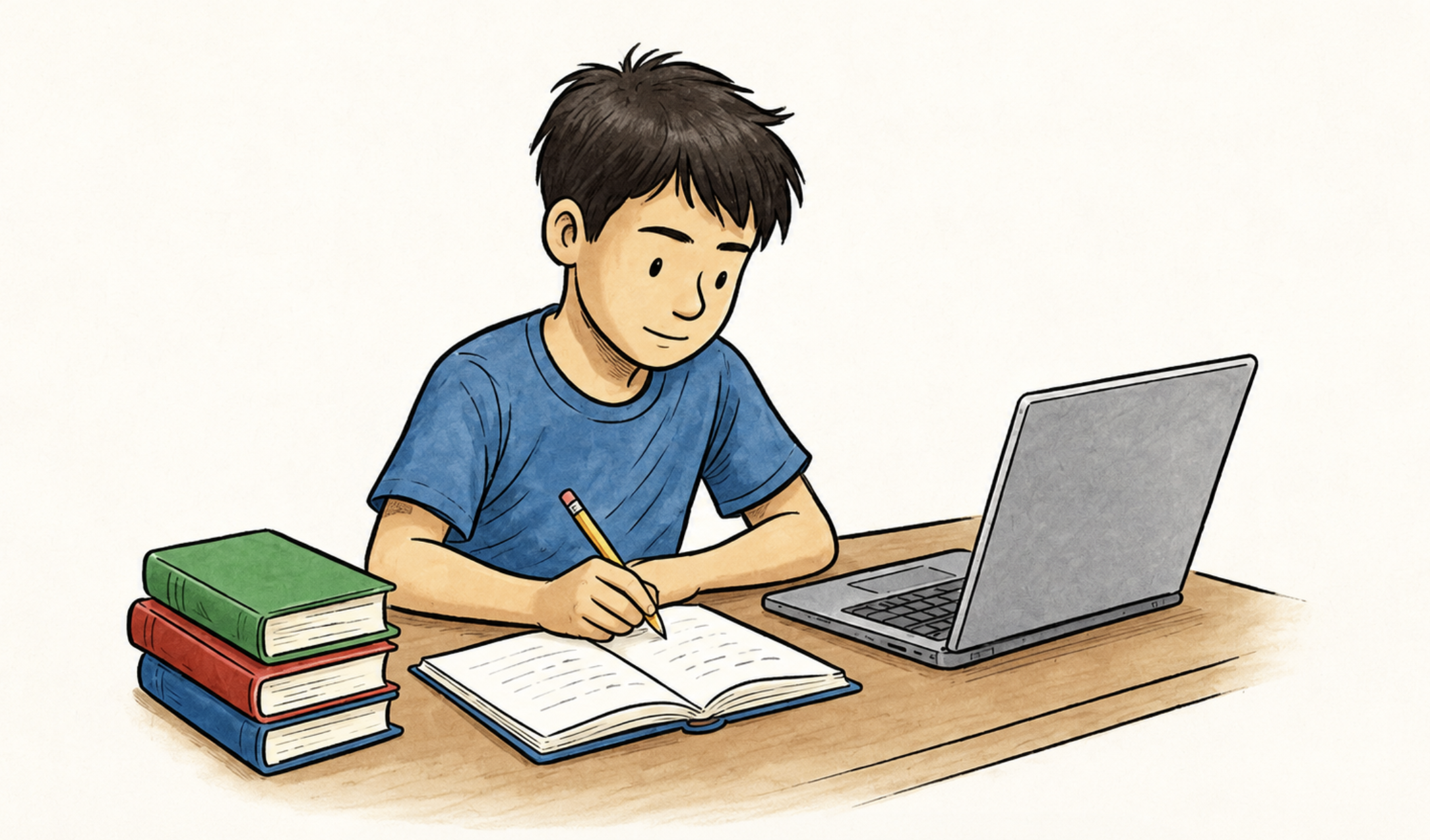 Junge sitzt am Tisch, schreibt ins Heft, Laptop und Bücher neben ihm.
